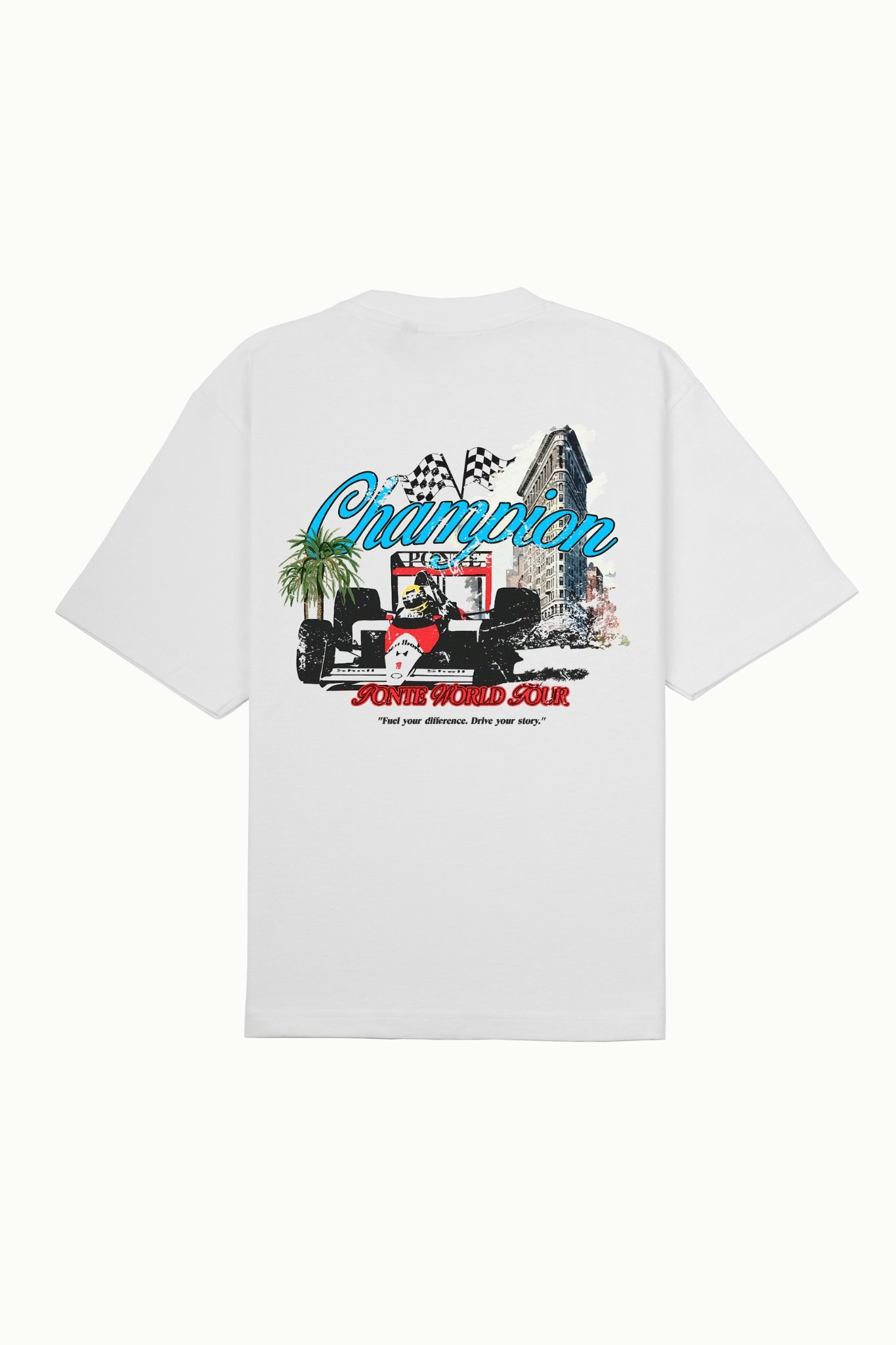 Camiseta F1rst Place PONTE blanca de espalda con gráfico Champion, coche de Fórmula 1 y banderas