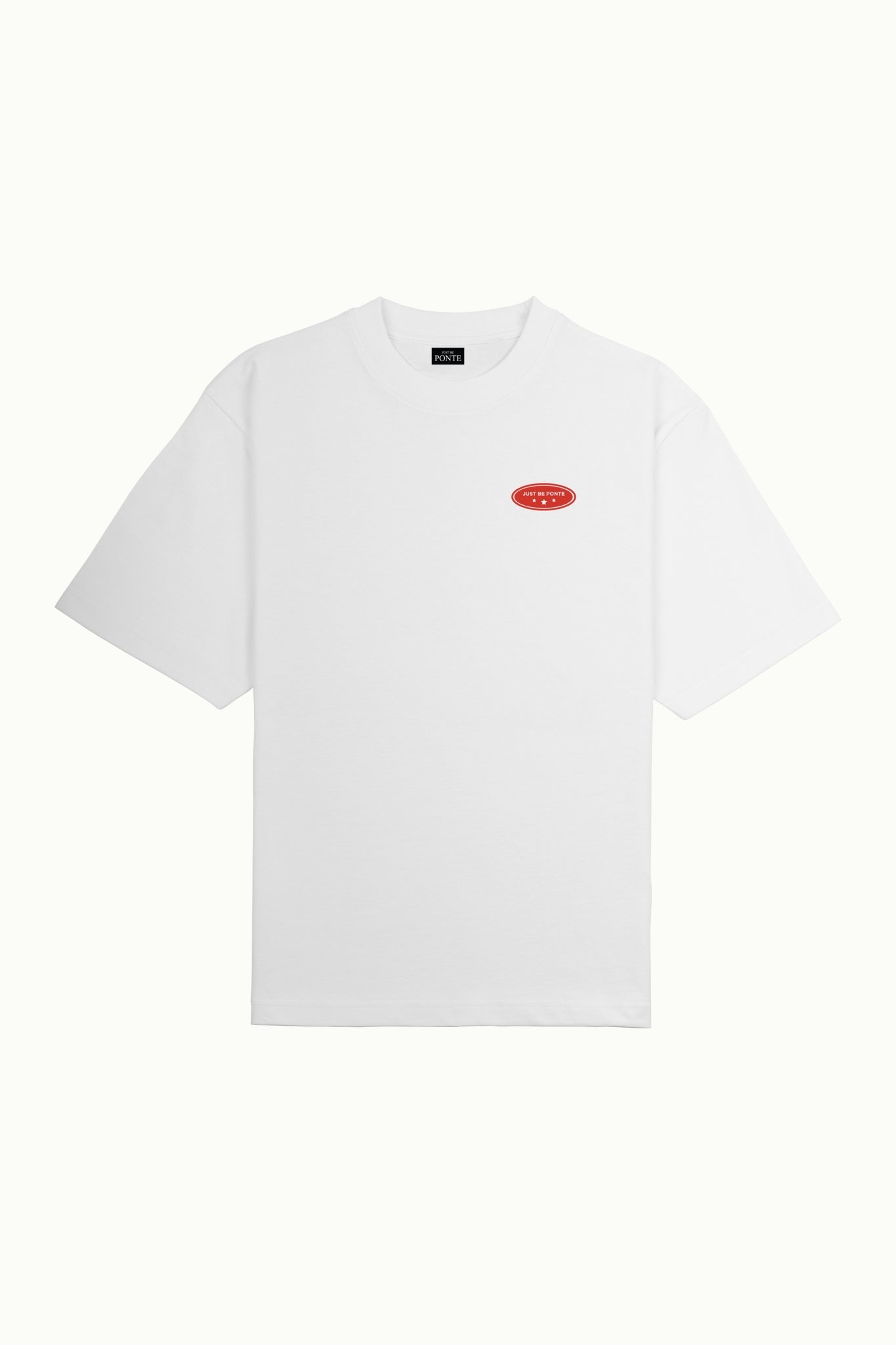 Camiseta F1rst Place PONTE blanca de frente, prenda sola con logo ovalado rojo en el pecho