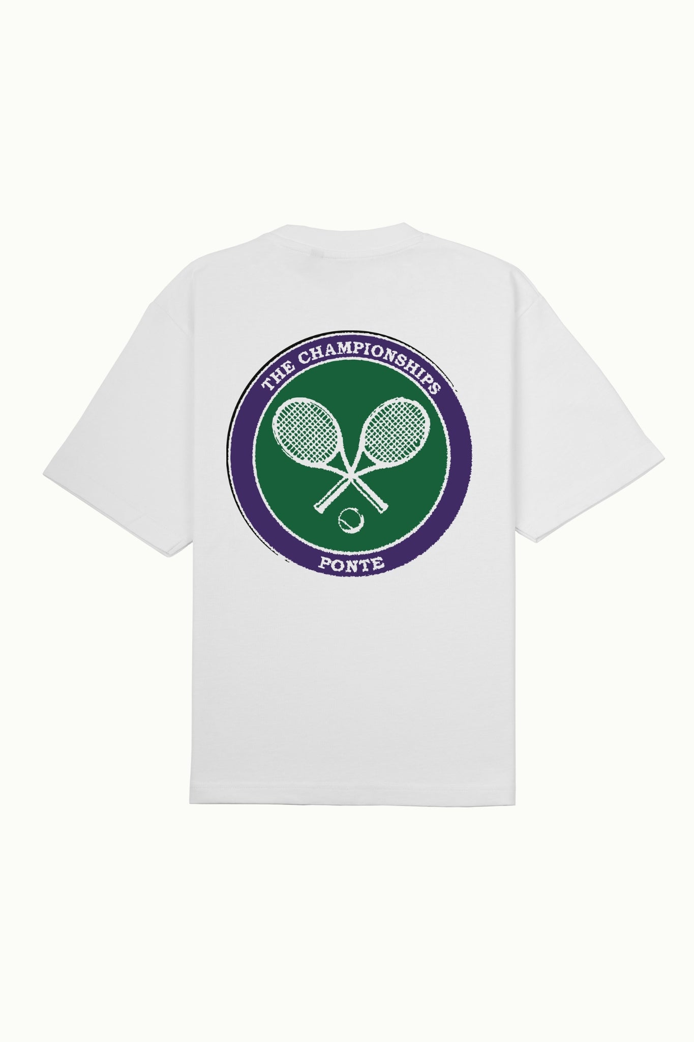 Camiseta The Championships PONTE blanca vista trasera con círculo verde y morado de raquetas cruzadas