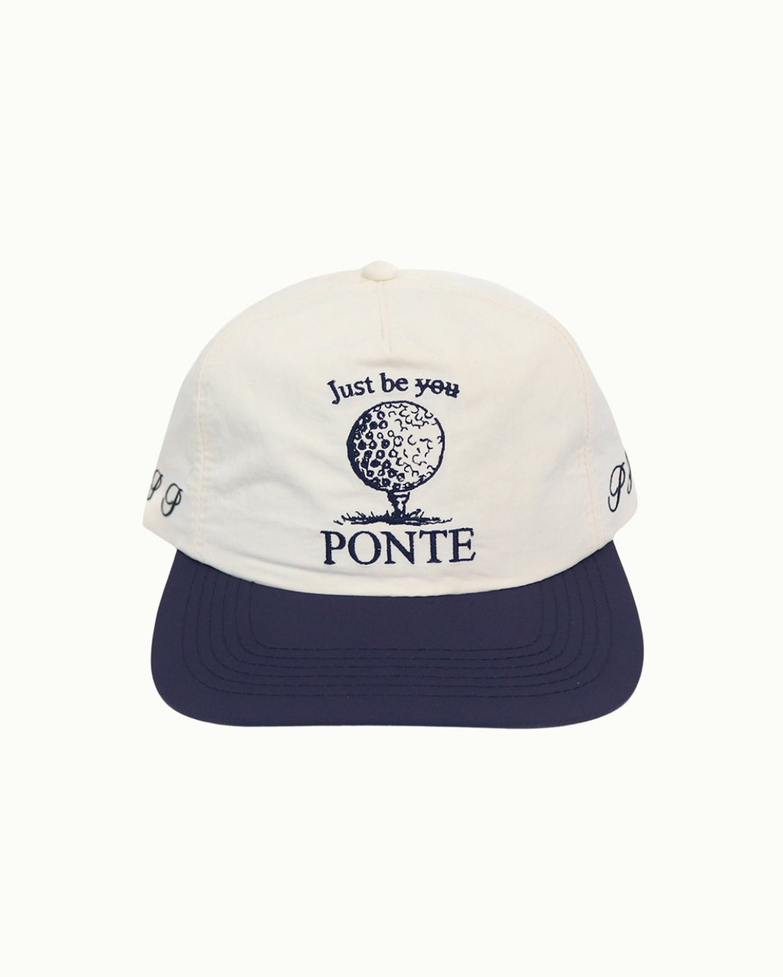 Gorra TEE Point de golf, crudo con visera azul marino, gráfico de bola, vista frontal
