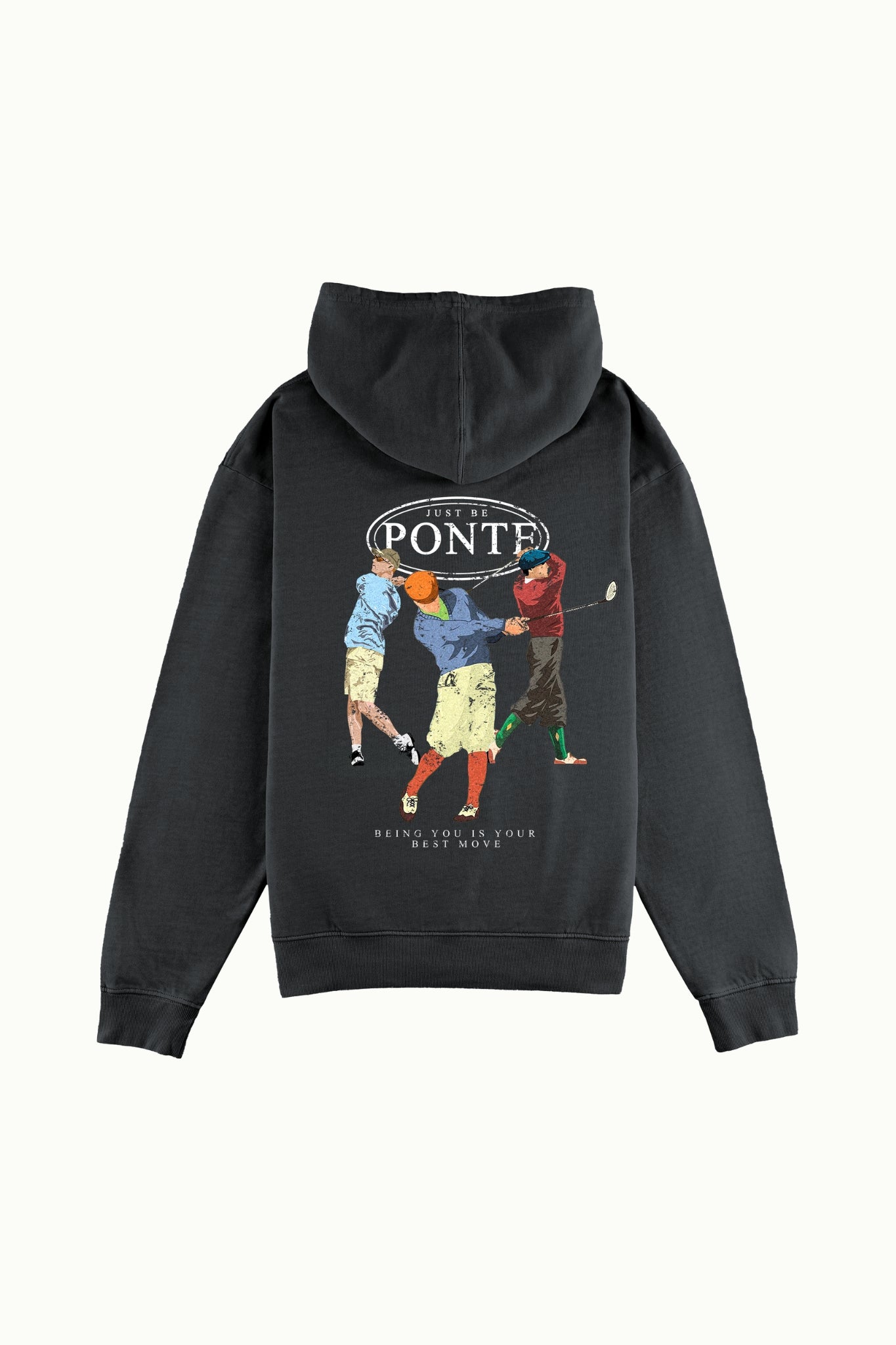 Sudadera con capucha Hole In One gris carbón, espalda con estampado de golfistas y logo PONTE