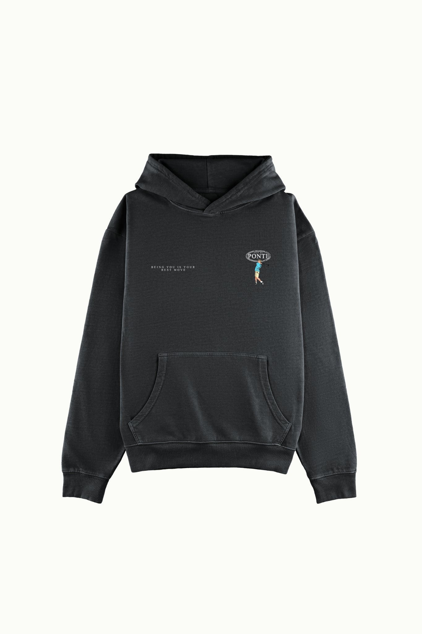 Sudadera con capucha Hole In One gris carbón, frente con pequeño logo PONTE y golfista